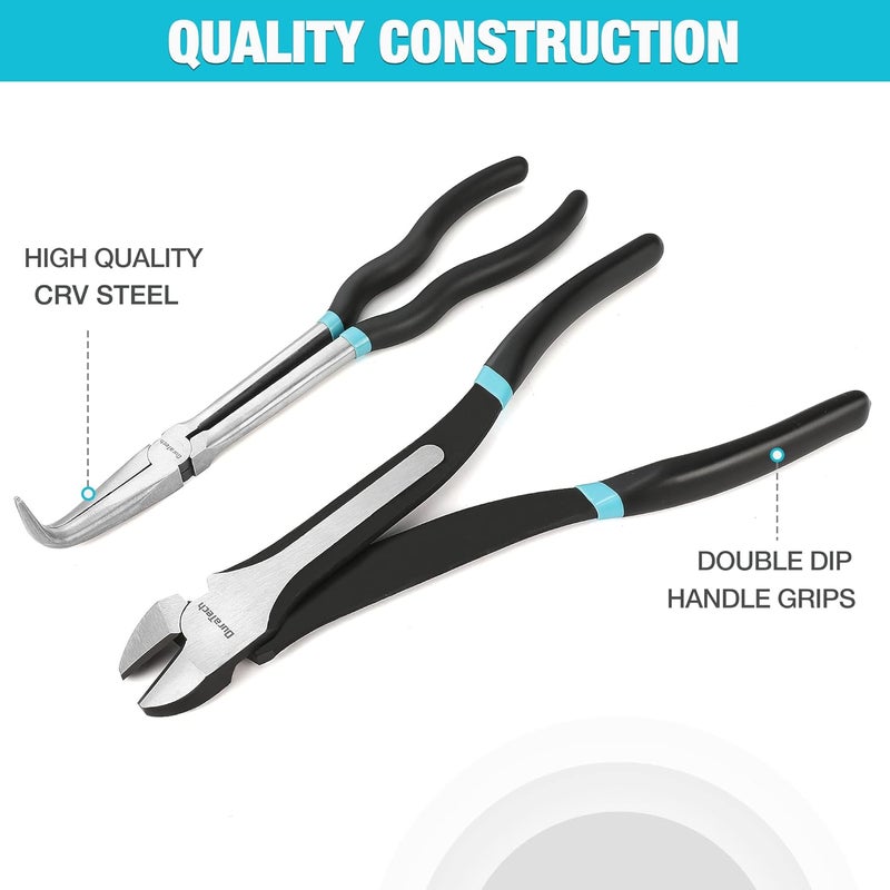 DURATECH 4 PCS Extra Long Needle Nose Pliers Set, Premium CRV Steel, 11" Long Reach Straight & 90° Bent Nose & 45°Bent Nose & Diagonal Pliers for Hard-to-Reach Narrow Spaces - Image 2